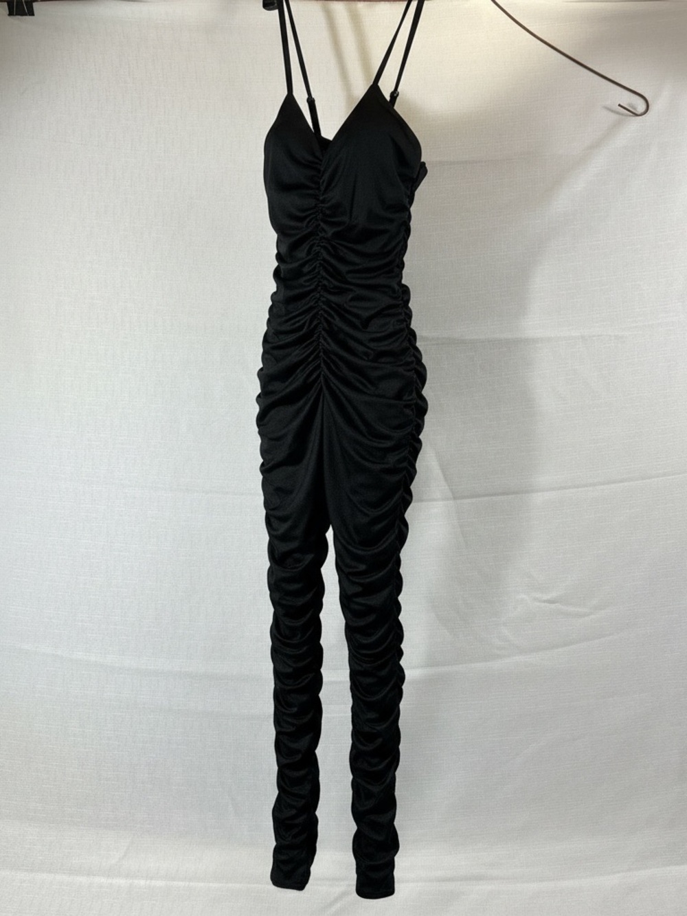 Climax by David Howard Ruched Black Jumpsuit with Spaghetti Straps